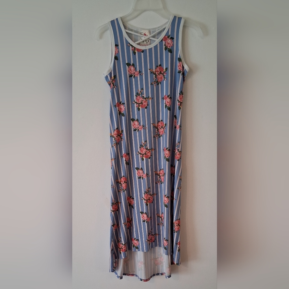 Jenna And Jessie Blue High Low Striped Floral Maxi Dress